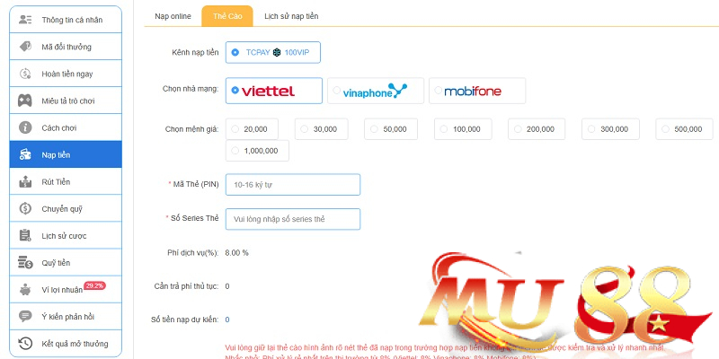 Nạp tiền Mu88 - Cách nạp 1 lần ăn ngay chỉ trong 3 phút 3 Nạp tiền Mu88 qua thẻ cào