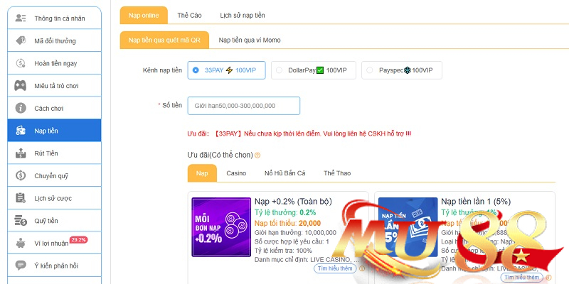 Nạp tiền Mu88 - Cách nạp 1 lần ăn ngay chỉ trong 3 phút 2 Nạp tiền qua ngân hàng trực tuyến