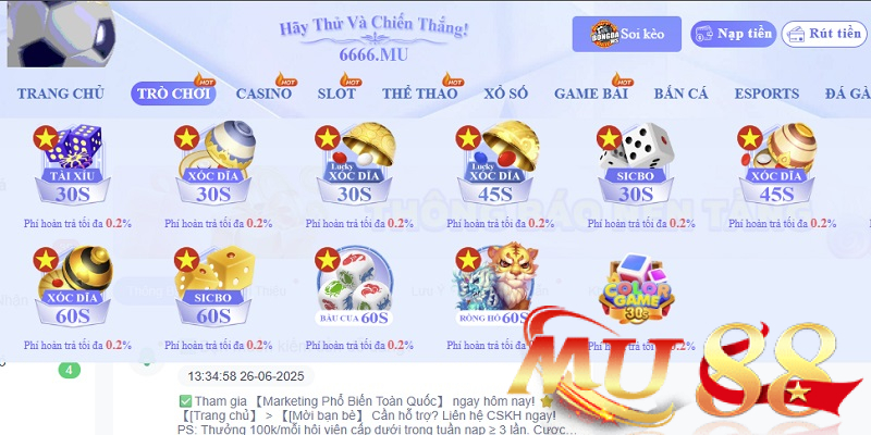 Trò chơi nhanh Mu88 - Sảnh cược siêu tốc, chốt lời nhanh